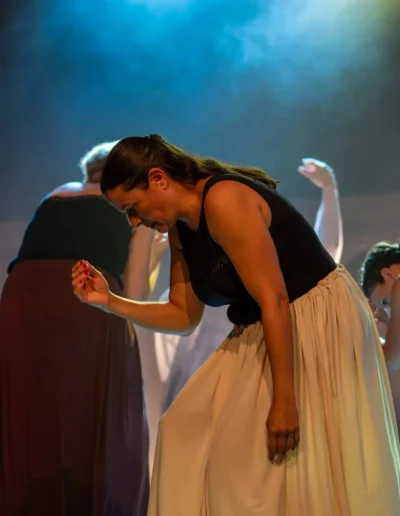 Une femme vêtue dun haut noir et dune jupe fluide danse avec passion sur scène, entourée dautres personnes portant des tenues similaires, sous un éclairage bleu et jaune dramatique. La scène transmet une performance intense et concentrée.